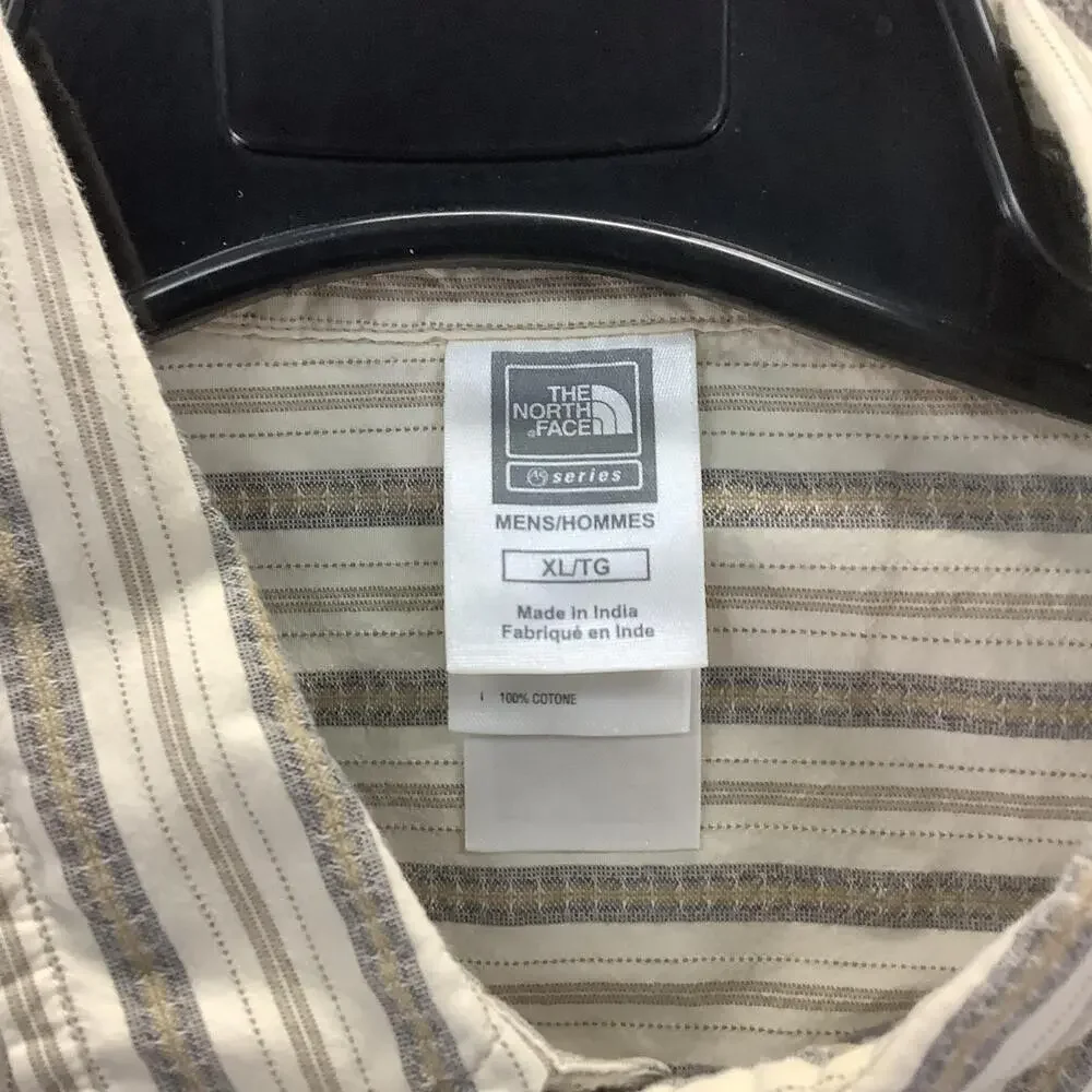 The North Face Shirt Mens XL Beige Gray Striped Short Sleeve Cotton E3 Series